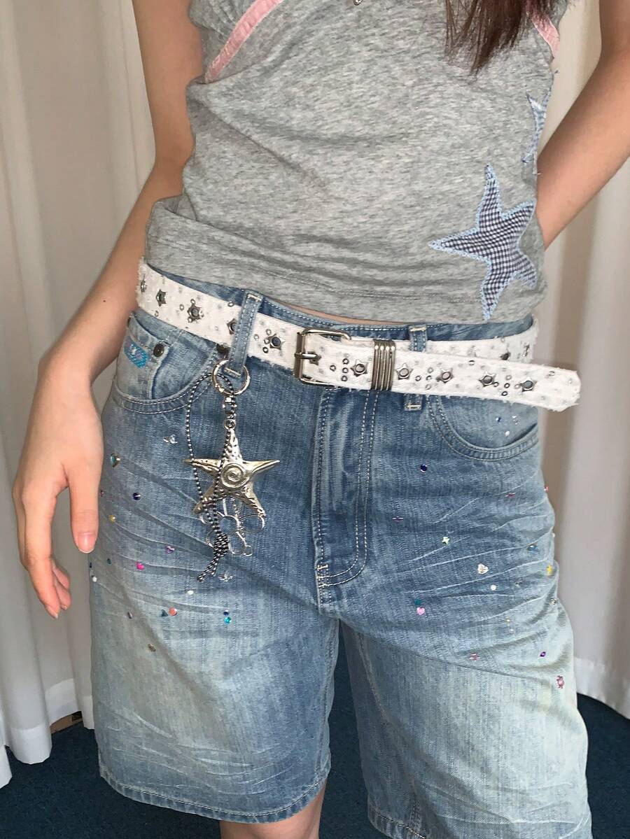 1pc White PU Material Niche Star Studded Sequin Personalized Belt - White - View 1