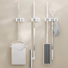 1pc Wall-Mounted Mop And Broom Holder – No-Drill Heavy-Duty Storage Rack With Waterproof Traceless Hooks, Ideal For Kitchen And Bathroom Organization - White - View 7