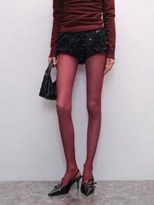 Quần tất siêu mỏng màu đỏ tía, gợi cảm, cạp cao, làm từ nylon, định hình cơ thể. - Màu Đỏ Sâu - Xem 3