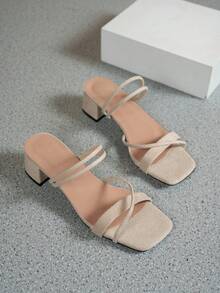 Sandal Hak Tinggi Hitam, Sandal Hak Tebal Hitam Elegan untuk Wanita di Musim Panas, Hak Tebal - Krem - View 4