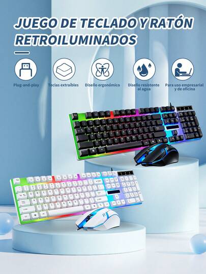 Teclado para juegos Combos de ratón Computadora portátil Retroiluminación Gamer Kit LED Teclado USB con cable Set,Combo de Teclado y Ratón USB con Cable y Retroiluminación LED Arcoíris, Ideal para PCs, Laptops, Gaming, Trabajo de Oficina,para PC/portátil/tableta/oficina en casa.