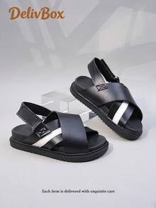 These Boys' Sandals Feature A Color-Block Striped Design, Providing Comfort And Suitability For Walking. The Open-Toe Low-Top Style Includes A Buckle Strap And Flat Sole. These Casual Sandals Are An Ideal Choice For Daily Summer Wear, And Also Suitable For School Or Outdoor Activities. - Black - View 3