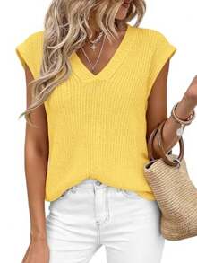 Women's Knit Sweaters Vest Lightweight Spring Cap Sleeve V Neck Tank Tops Summer Going Out Outfits - Yellow - View 3