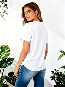 Women's Short Sleeve Cotton T-Shirt, Women's Short Sleeve Cotton T-Shirt, Retro 80s Graphic Tee With Neon Print "Just Wanna Have Fun" - Casual Short Sleeve Crew Neck Geometric Print T-Shirt, Vintage Inspired Semi-Sheer T-Shirt For Summer And Spring, Casual Outfit, Relaxed Fit Shirt. - 白色 - 查看 2
