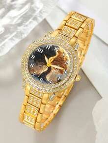 2PCS Gorgeous Luxury Women's Quartz Watch, Women's Luxury Full Diamond Quartz Watch Set, Including A Fully Diamond-Studded Women's Quartz Watch And Women's Bracelet. Featuring A Luxurious Gold Tone And Full Diamond Luxury Design As The Core, Fully Exuding A Noble And Radiant Aura. Part Of The Women's Accessories Series - Gold - View 4