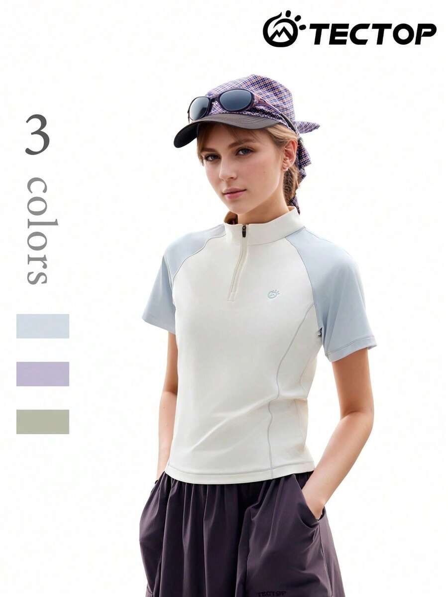 TECTOP 女士夏季半拉链短袖Polo衫,舒适休闲,适合室内瑜伽和户外跑步运动 - 淺藍色 - 查看 1