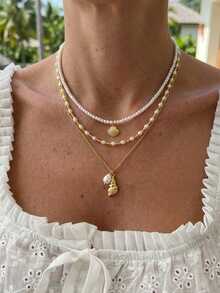 3pcs Summer Vacation Style Seashell Pearl Bead Necklace Set, Women Fashion Pearl Necklace Choker, Suitable For Women Street, Party And Beach Accessories - Gold - View 4