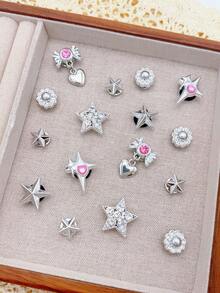 16个银色星星、蝴蝶结、花朵鞋夹，DIY装饰品，多功能配件，适用于女士凉鞋、拖鞋、沙滩包，适合作为节日和生日派对礼物 - 銀色 - 查看 4