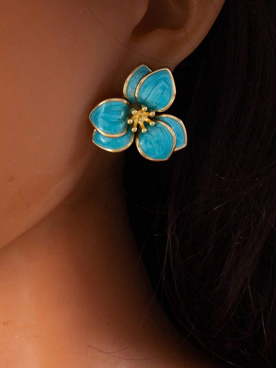 1 Pair Delicate Oil Drop Flower Earrings, Suitable For Vacation And Daily Wear - Blue Flowers - View 1