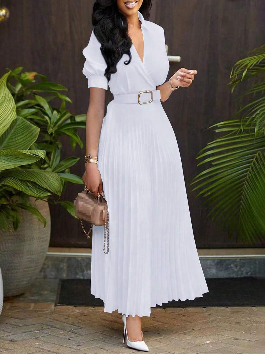 Spring/Summer Slim Fit Waist Elegant Sophisticated Lady Style Full Dress Solid Color Pleated Dress With Belt, Short Sleeve, And Material White - White - View 1