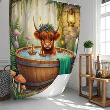 1 pieza/4 piezas Conjunto de cortina de ducha multifuncional con diseño de vaca de las tierras altas para acuario, incluye 12 ganchos gratis, crea un ambiente elegante y festivo, alfombra de baño, alfombra en forma de U para el piso y alfombra redonda para el inodoro, adecuado para todo tipo de baños - Bañera Vaca de las Tierras Altas 2 - Ver 2