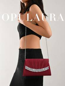 OpulAura 秋冬假日褶皱迷你手拿包。这款优雅时尚的信封式手提包镶嵌闪亮水钻，尽显奢华魅力，专为女性设计，适合派对、婚礼和正式场合。它是参加派对、婚礼、毕业典礼和盛大晚宴的女性的理想之选，也是一份精美的礼物。 - 酒紅色 - 查看 9