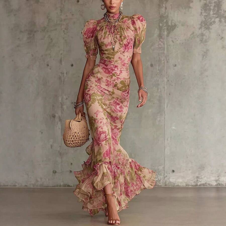 2026 New Style Puff Sleeve Printed Slim Fit Long Dress Fashionable Pleated Dress - 印花色 - 查看 1