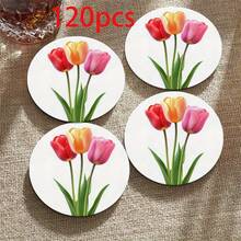 4 piezas Posavasos redondos con estampado de tulipanes 2D, material de PET, adecuados para patio, cocina, sala de estar, reuniones en el hogar, decoración de mesa, regalo para amigos y familiares, ideal para el Día de San Valentín, boda, Día de la Madre, fiesta de cumpleaños, accesorios de decoración del hogar - Multicolor A - Ver 10