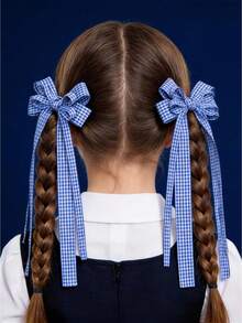 2pcs Back To School Blue & White Plaid Bow Ribbon Hair Clips, Suitable For Daily Use - Blue - View 5
