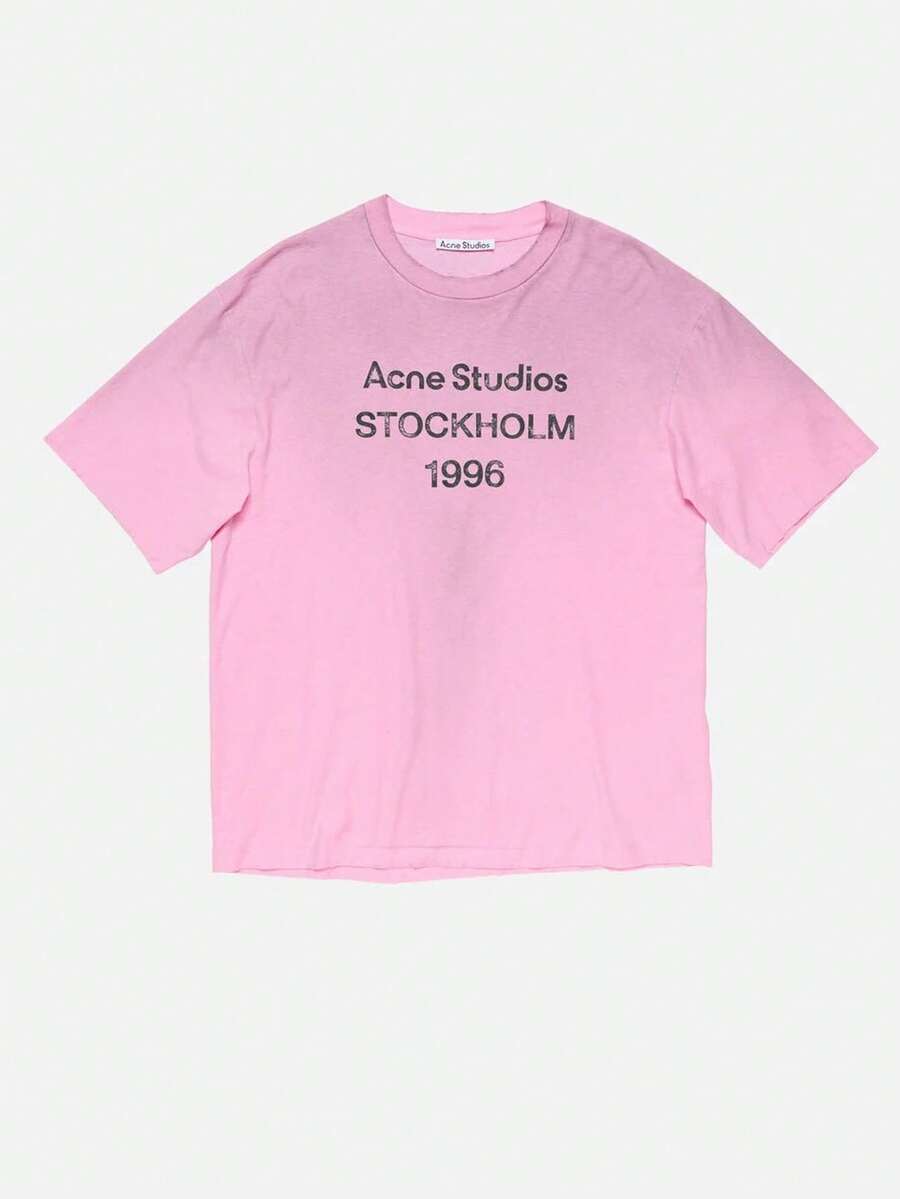 Acne Studios Men's/Women's STOCKHOLM 1996 Printed Oversized T-Shirt, Vintage Washed Cotton Crew Neck Tee For Casual Wear - 粉色 - 查看 1