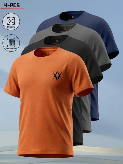 4pcs Men's Outdoor Sports T-Shirts, Breathable Comfortable Fabric, Solid Color Versatile Tops, Couple Matching