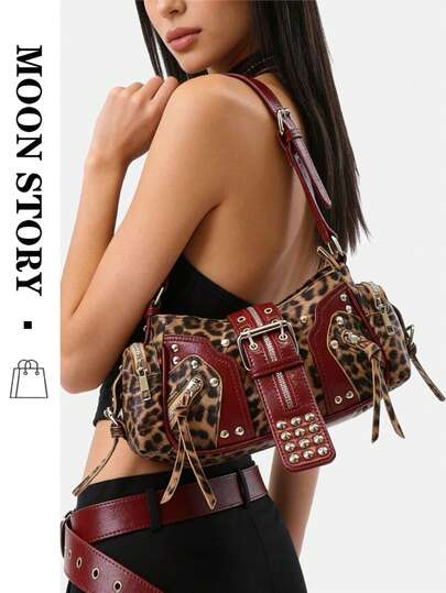 Túi đeo chéo in họa tiết da báo phong cách retro mới, túi xách đeo vai đa năng cao cấp kiểu Y2K Punk đính đinh tán dành cho người đi xe máy.