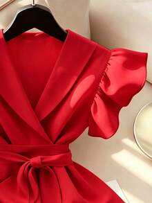 Áo kiểu thanh lịch cổ chữ V, tay bồng, thắt eo, chất liệu trơn, có dây buộc chéo, thích hợp cho mùa hè. - Đỏ - Xem 5
