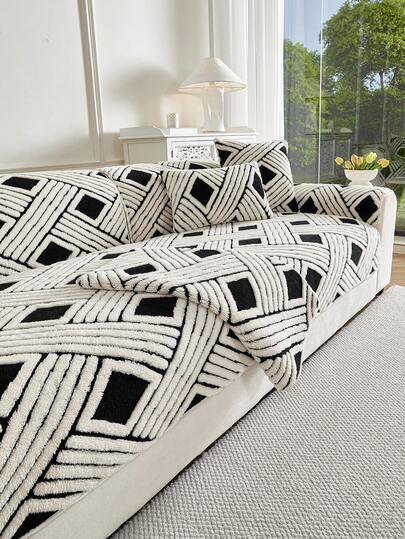 1 chiếc vỏ gối sofa kẻ caro đen trắng, kiểu dáng tối giản, hình chữ nhật, chống trượt, có thể giặt được để sử dụng hàng ngày vào mùa xuân và mùa đông.