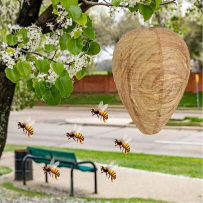 Realistic Fake Wasp Nest - Natural Bee Repellent, Outdoor Hanging Artificial Beehive, Suitable For Garden/Yard/Porch/Courtyard