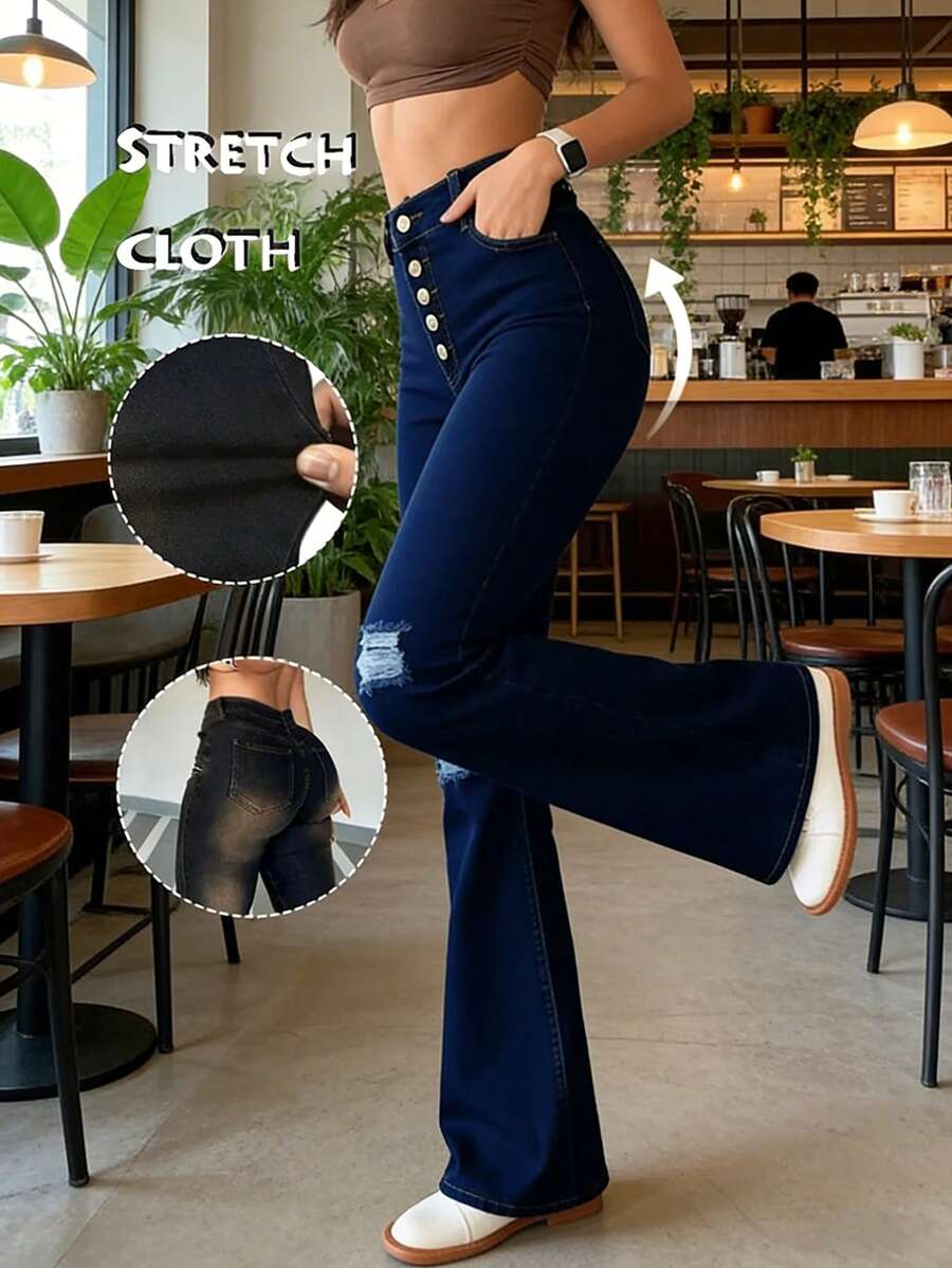 Vaqueros de cintura alta, elegantes e informales para mujer, con botones y bolsillos, estilo largo y elástico medio. - 2059 - Ver 1