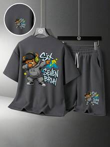 Tween Boy Cartoon Print Round Neck Short Sleeve T-Shirt And Shorts Set - Dark Grey - View 2