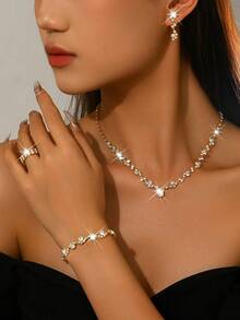 1 Set Women's Crystal Jewelry Set, Sparkling Floral V-Neck Necklace + Earrings + Bracelet + Ring, Copper Material With Rhinestones, Suitable For Evening Party, Wedding, Valentine's Day Gift - Gold - View 4