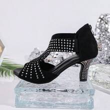 Giày sandal cao gót đế dày đính pha lê đen, sandal cao gót hở mũi dành cho nữ, phù hợp cho khiêu vũ/tiệc tùng/khiêu vũ Latin/đám cưới, kiểu dáng quyến rũ/cổ điển/thanh lịch. Mẫu sandal cao gót đế dày đính pha lê đen bán chạy nhất, giày dự tiệc hở mũi dành cho nữ. - màu đen - Xem 17