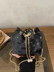 1pc Black Star & Moon Cloud Print Drawstring Bucket Bag, Soft Pearlescent Chain Strap Women's Crossbody Shoulder Handbag, Mini Tote Bag For Daily, Party, Shopping, Dating - Black - View 8