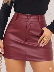 EMILI MODA Women's PU Leather Mini Skirt With Pockets And Button - Burgundy - View 1