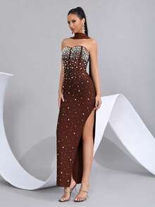 Beaded Decor Slit Bandeau Bridesmaid Dress, Holiday Party Bandage Dress - Coffee Brown - View 8