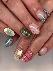 Bộ 24 móng tay giả hình oval mùa xuân/hè, họa tiết chấm bi Pháp, nơ, kẻ caro, ngôi sao, móng ngắn dán, phù hợp cho các cô gái cá tính, phụ nữ công sở, dự tiệc, hẹn hò và sử dụng hàng ngày. - Nhiều màu - Xem 7