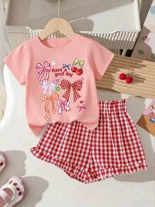2pcs Girls Set, Cute Bow & "Have A Good Day" Print Paired With Plaid Shorts, Comfortable Daily Casual Fashionable Matching Outfit - Pink - View 1