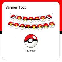 Decoraciones de fiesta con temática de Pokebola de dibujos animados autorizadas, incluye pancartas, banderas, globos y juego de vajilla desechable. Adecuado para celebraciones de cumpleaños, fiestas de graduación, eventos al aire libre. El set con temática de  incluye bolsas de regalo, pancartas, platos de 7 y 9 pulgadas, vasos, servilletas, cajas de dulces, decoraciones para pasteles y otros artículos de vajilla, perfecto para suministros de fiestas con temática de  y regalos festivos. - Multicolor - Ver 2