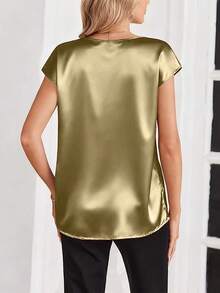 V领系带袖女士缎面T恤，春夏真丝衬衫，沙滩度假短袖，商务/休闲/派对必备单品，母亲节礼物，尺码S-XXL - 棕色 - 查看 5