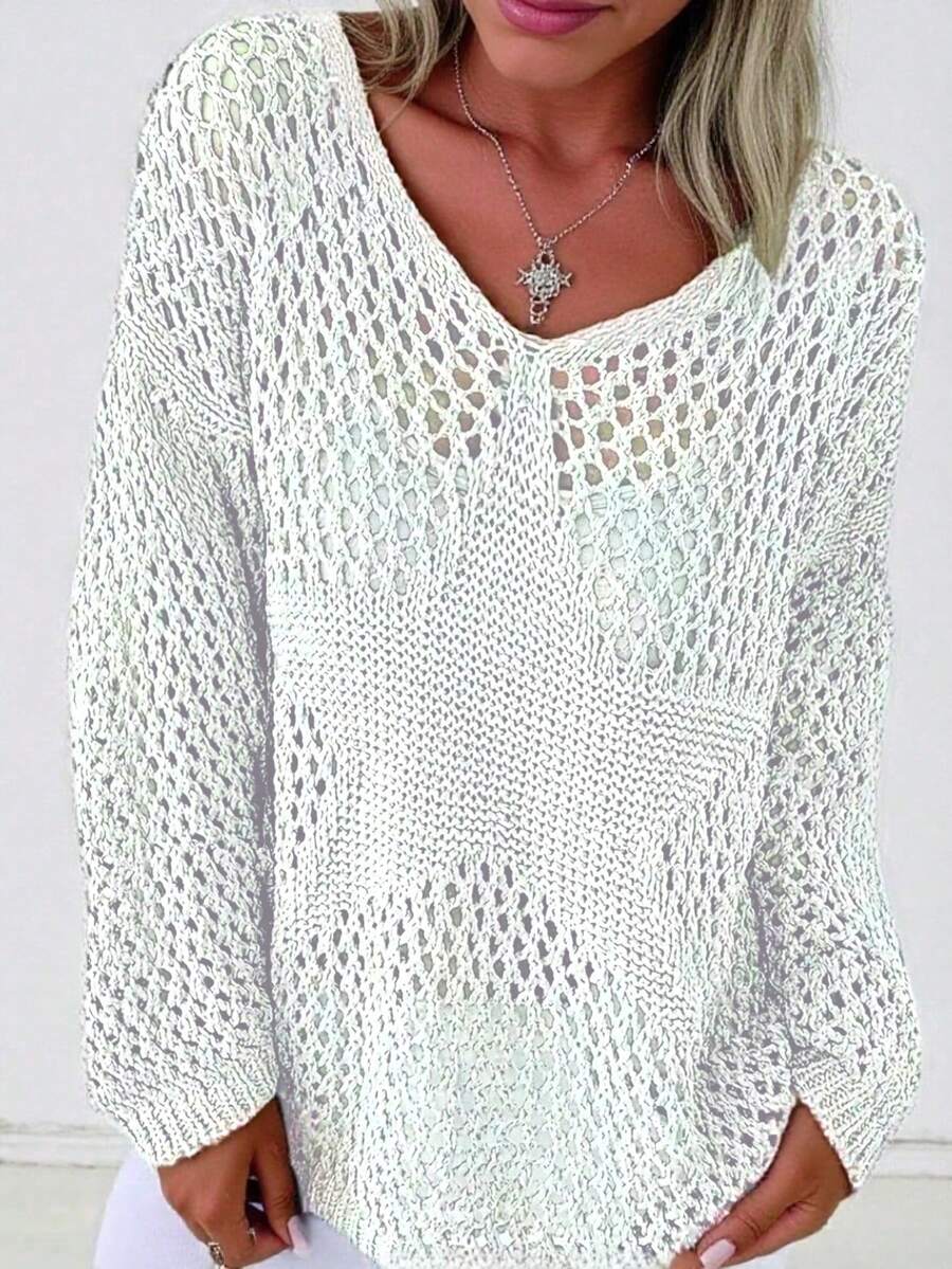 Women's Hollow Out Loose Pullover Sweater, Suitable For Summer Vacation White - White - View 1