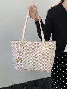 Fashionable Metal Letter Pendant Decor, Large Capacity Multi-Purpose Diamond Floral Pattern Tote Bag, Casual Shoulder Bag For Women - Beige - View 5