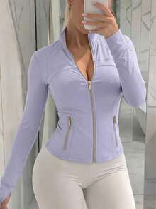 Women's High Stretch Slim Fit BBL Jacket Gold Zip Up Stand Collar Thumb Hole Activewear Top Multi Color Gym Workout Casual Wear - Tím nhạt Ether/Vàng - Xem 1