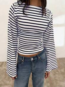 Striped Contrast Rib Knit Long Sleeve T-Shirt For Women, Casual Everyday Wear Spring - Navy Blue - View 4