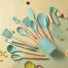 Utensilios de cocina de silicona con mango de madera, espátula, cuchara, pinzas resistentes al calor, accesorios para batidora, herramientas de cocina - Multicolor - Ver 5