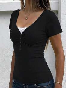 Women's Y2K Sexy Fitted V-Neck Short Sleeve Top, Summer Design Casual Black - màu đen - Xem 3