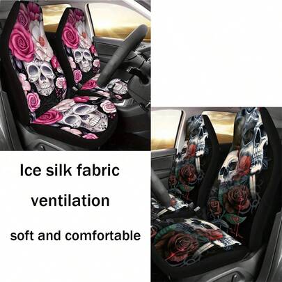 1pc Creative Printed Car Seat Cover, Rose Skull Design, Chrysanthemum Pattern, Breathable Mesh Fabric, Soft & Comfortable, Suitable For Summer, Car Interior Decoration & Protection, Auto Accessories, Unisex
