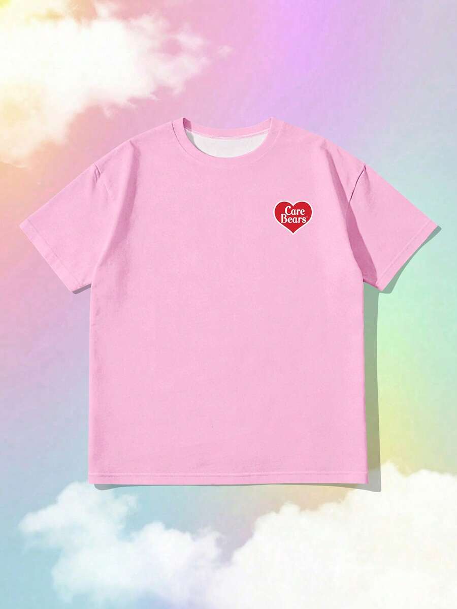 SHEIN | Care Bears Camiseta de manga corta casual de verano con estampado de corazón de oso - Rosa - Ver 1