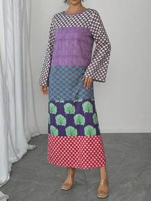 1 Peça Vestido Longo Reto Geométrico de Manga Longa para Mulheres, Vestido Casual Verde com Gola Redonda, Manga Flare e Bloco de Cores, Vestido de Gala Elegante Estilo Árabe para Eventos de Luxo e Férias - Roxo - Visão 7