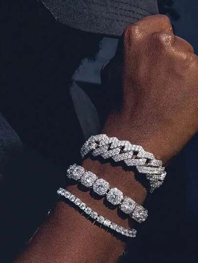 3pcs Set Shiny Cuban Link Bracelets, Hiphop Bracelets, Great Gift For Thanksgiving, Christmas, Birthday Party