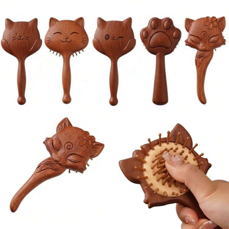 狐狸猫造型檀木发梳防静电气囊梳舒缓头皮气垫便携式按摩梳护发 - 彩色 - 查看 1