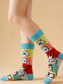 SpongeBob SquarePants 1 par de calcetines casuales de media pantorrilla con patrón de ojo de dibujo animado y bloques de color para mujeres, calcetines deportivos de moda para todas las estaciones - Multicolor - Ver 5