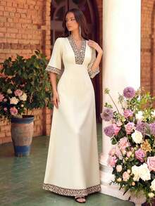 HOMEYEE Vestido formal largo para mujer, elegante vestido de fiesta de línea A con cuello en V, mangas cortas, bordado, para cóctel, noche y boda en primavera - Albaricoque - Ver 8