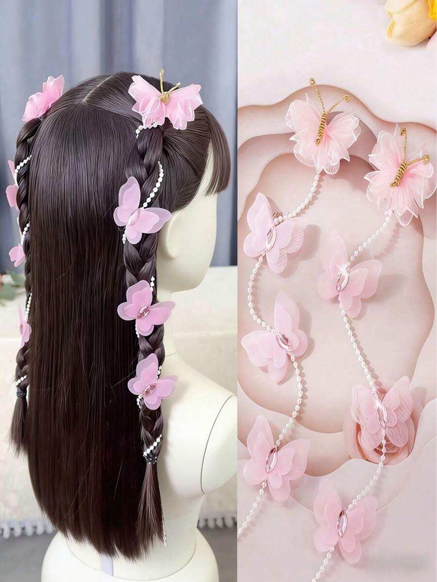2pcs Pink Pearl Butterfly Braided Hair Chain Hair Clips, Suitable For Girls, Super Fairy Sweet Tassel Braided Hair Ties, Suitable For Girls Hair Clips, Princess Hair Accessories (Paper Card For Display Only) - Multicolor - View 1